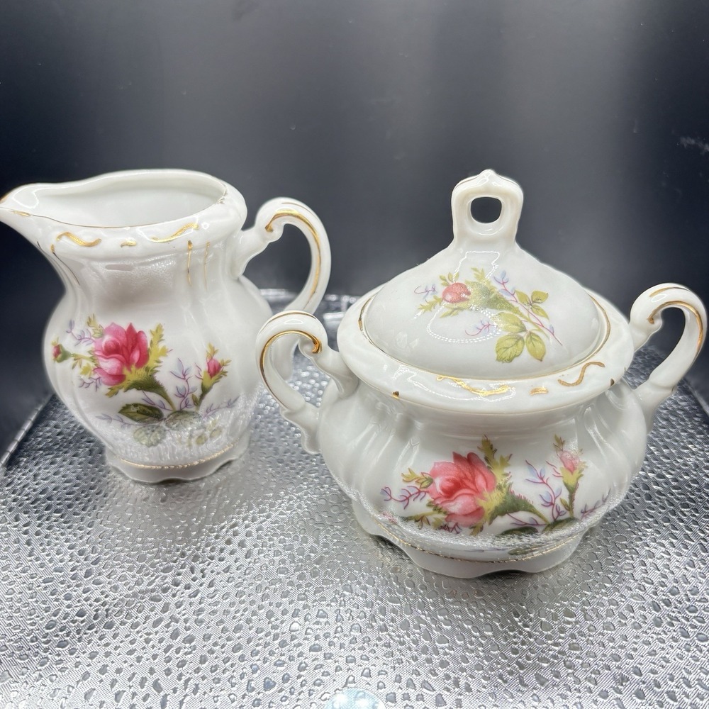 VTG Rose Print Creamer and Lidded Sugar Set, Gold Trim Cottage Core Country